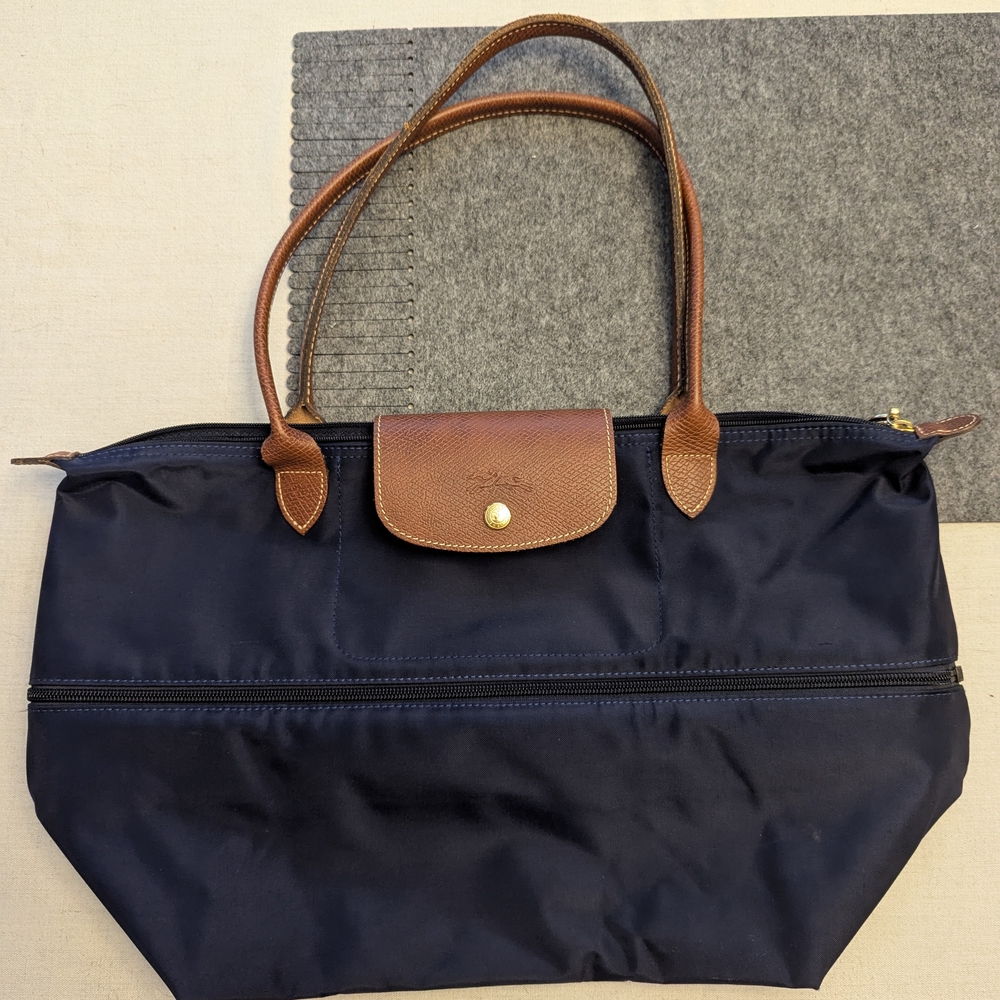 Longchamp Blue and Brown Tote Bag with Leather Accents